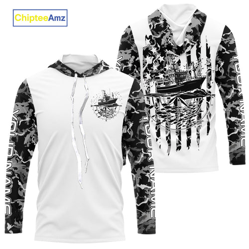 Custom Gray Camo Patriotic Saltwater Long Sleeve Hooded Fishing Shirts, Deepsea Fishing Shirt IPHW9167