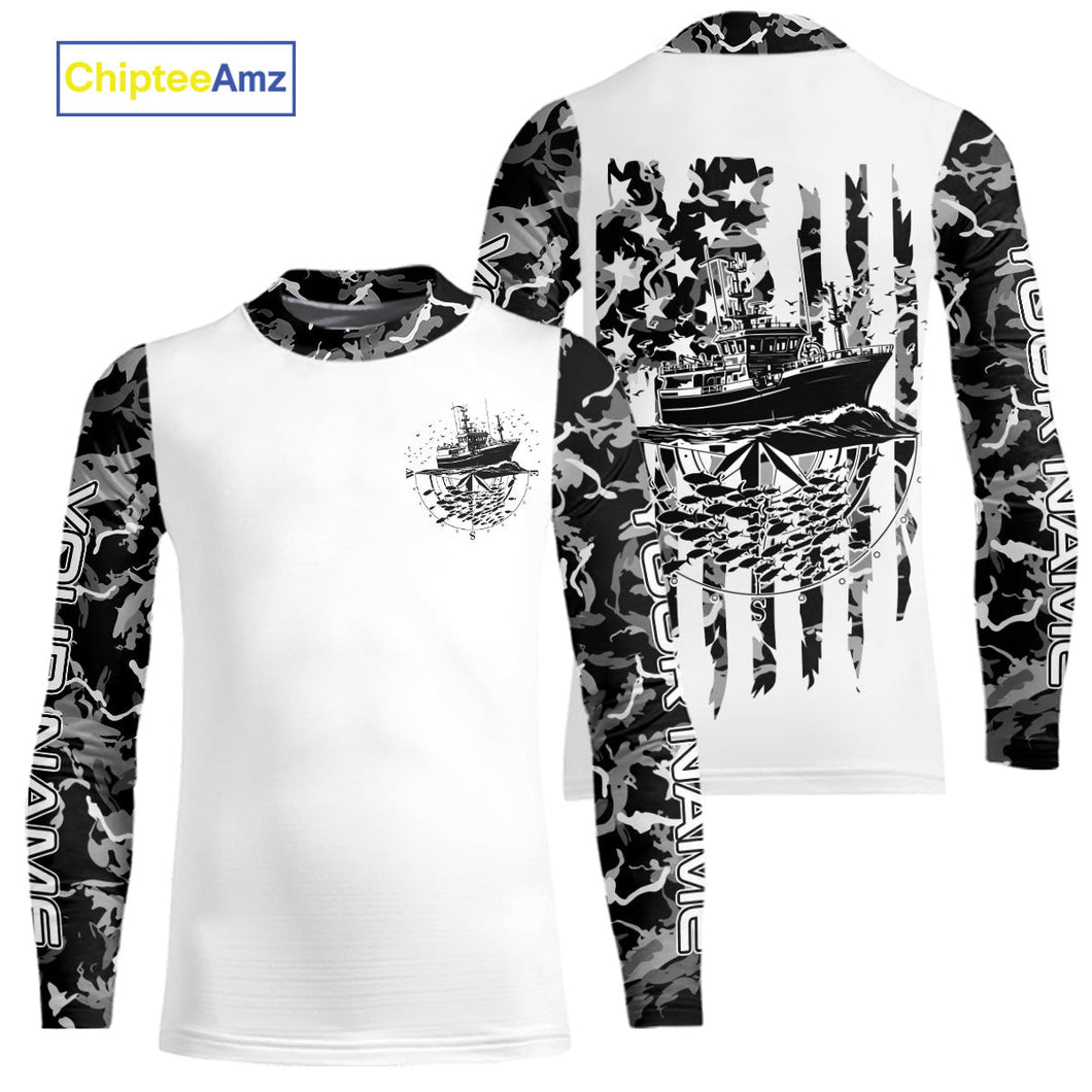 Custom Gray Camo Patriotic Saltwater Kid Long Sleeve Fishing Shirts, Deepsea Fishing Shirt IPHW9167