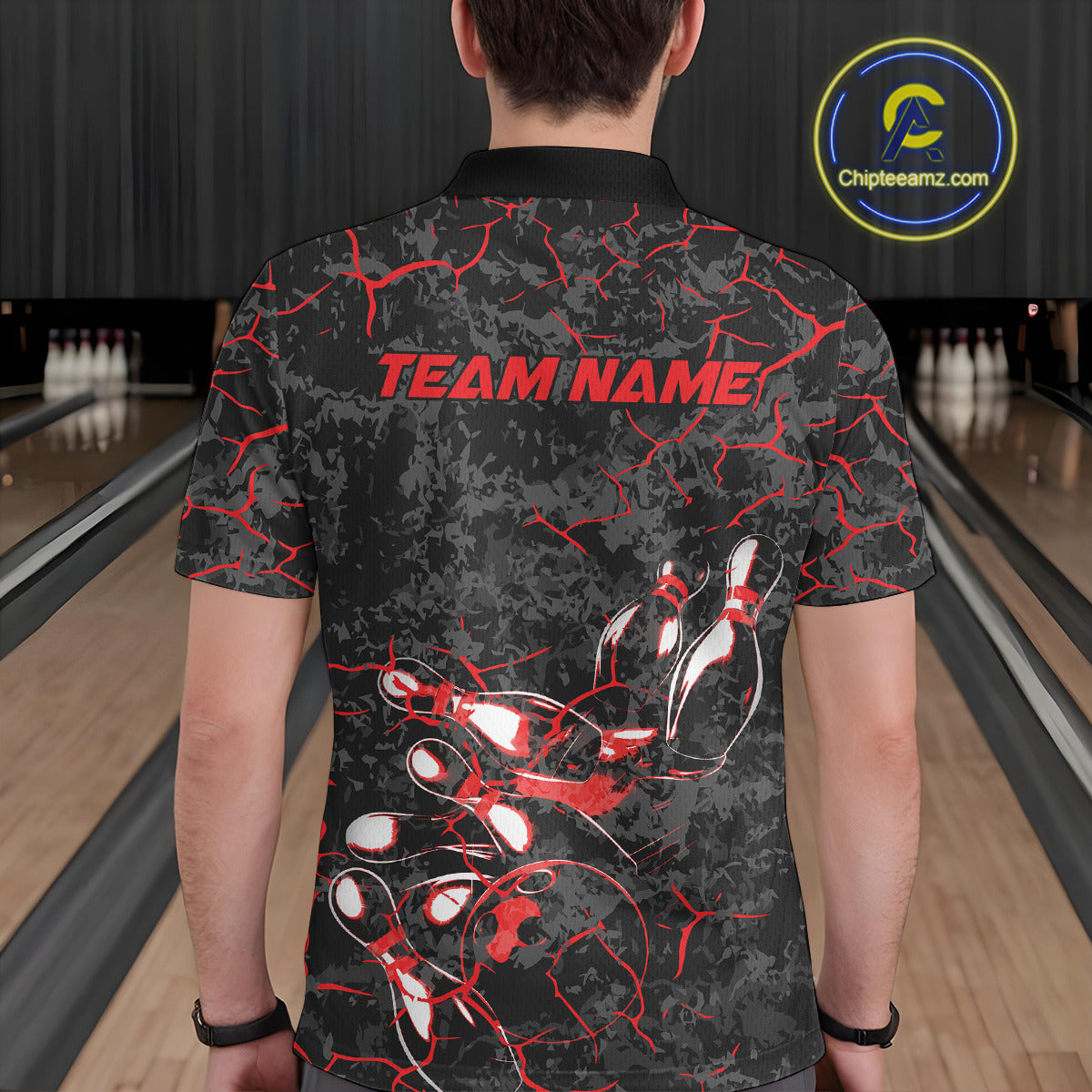Custom Black And Red Camo Bowling Team Polo Shirts For Men, Bowling League Shirt IPHW9370