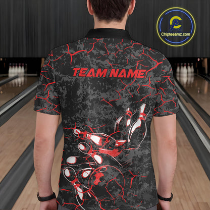 Custom Black And Red Camo Bowling Team Polo Shirts For Men, Bowling League Shirt IPHW9370