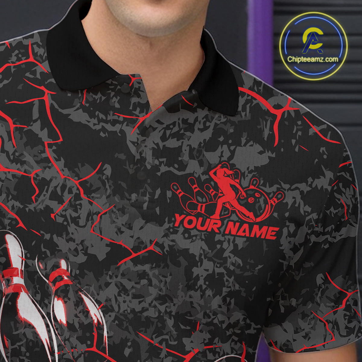 Custom Black And Red Camo Bowling Team Polo Shirts For Men, Bowling League Shirt IPHW9370