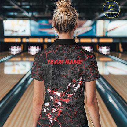 Custom Black And Red Camo Bowling Team Polo Shirts For Women, Bowling League Shirt IPHW9370
