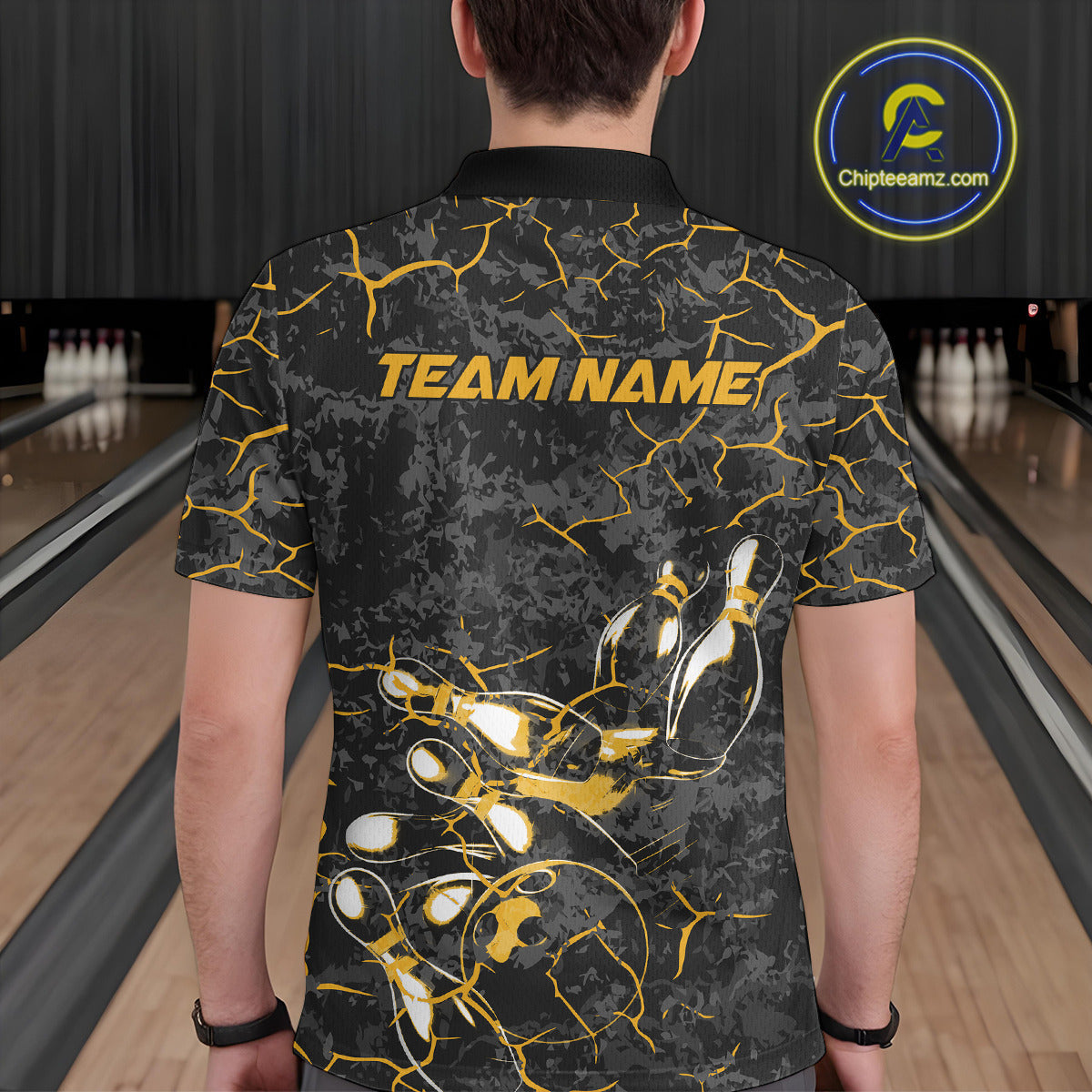 Custom Black And Yellow Camo Bowling Team Polo Shirts For Men, Bowling League Shirt IPHW9371