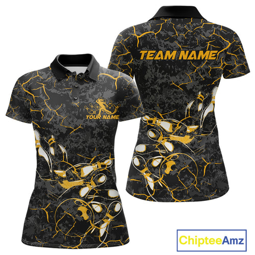 Custom Black And Yellow Camo Bowling Team Polo Shirts For Women, Bowling League Shirt IPHW9371