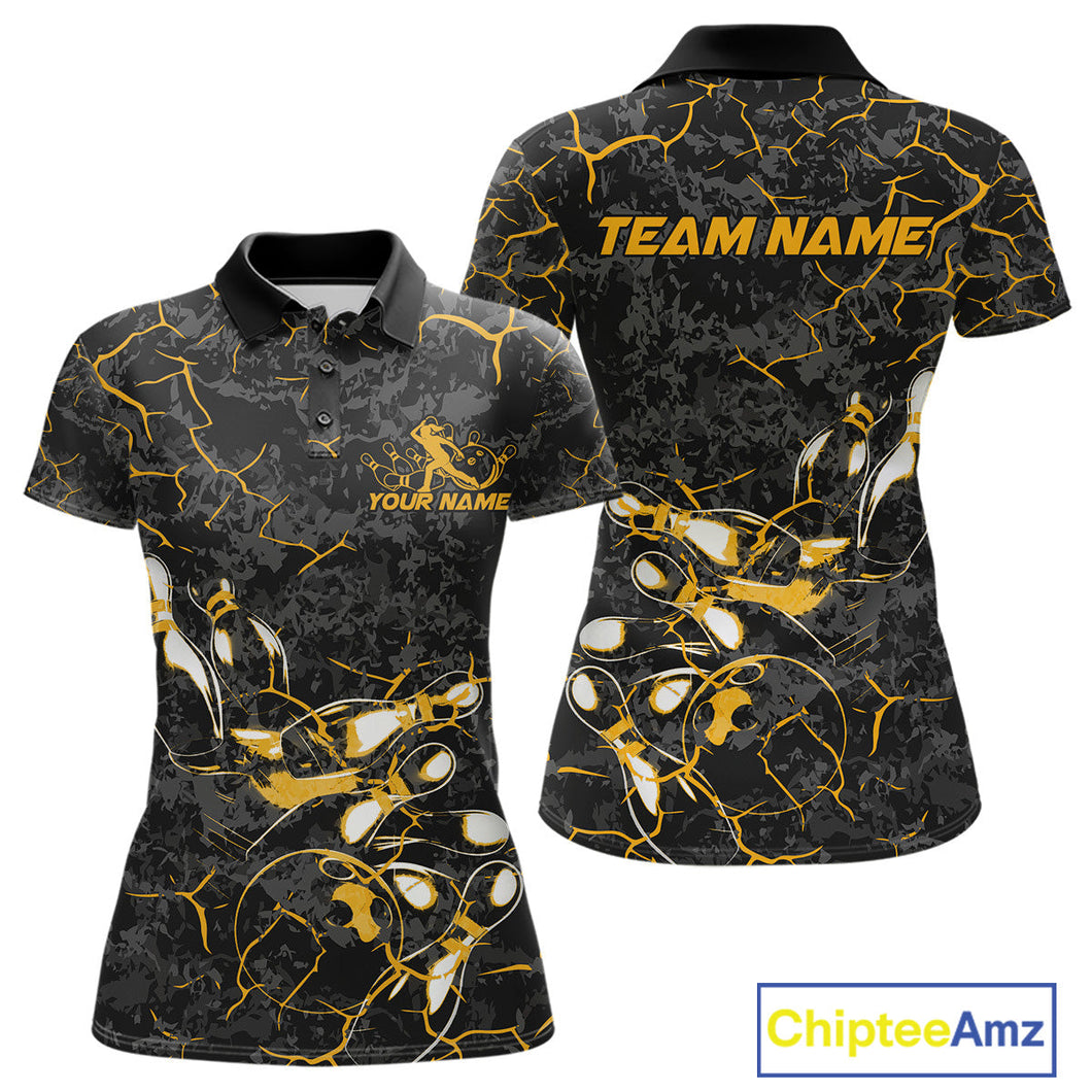 Custom Black And Yellow Camo Bowling Team Polo Shirts For Women, Bowling League Shirt IPHW9371