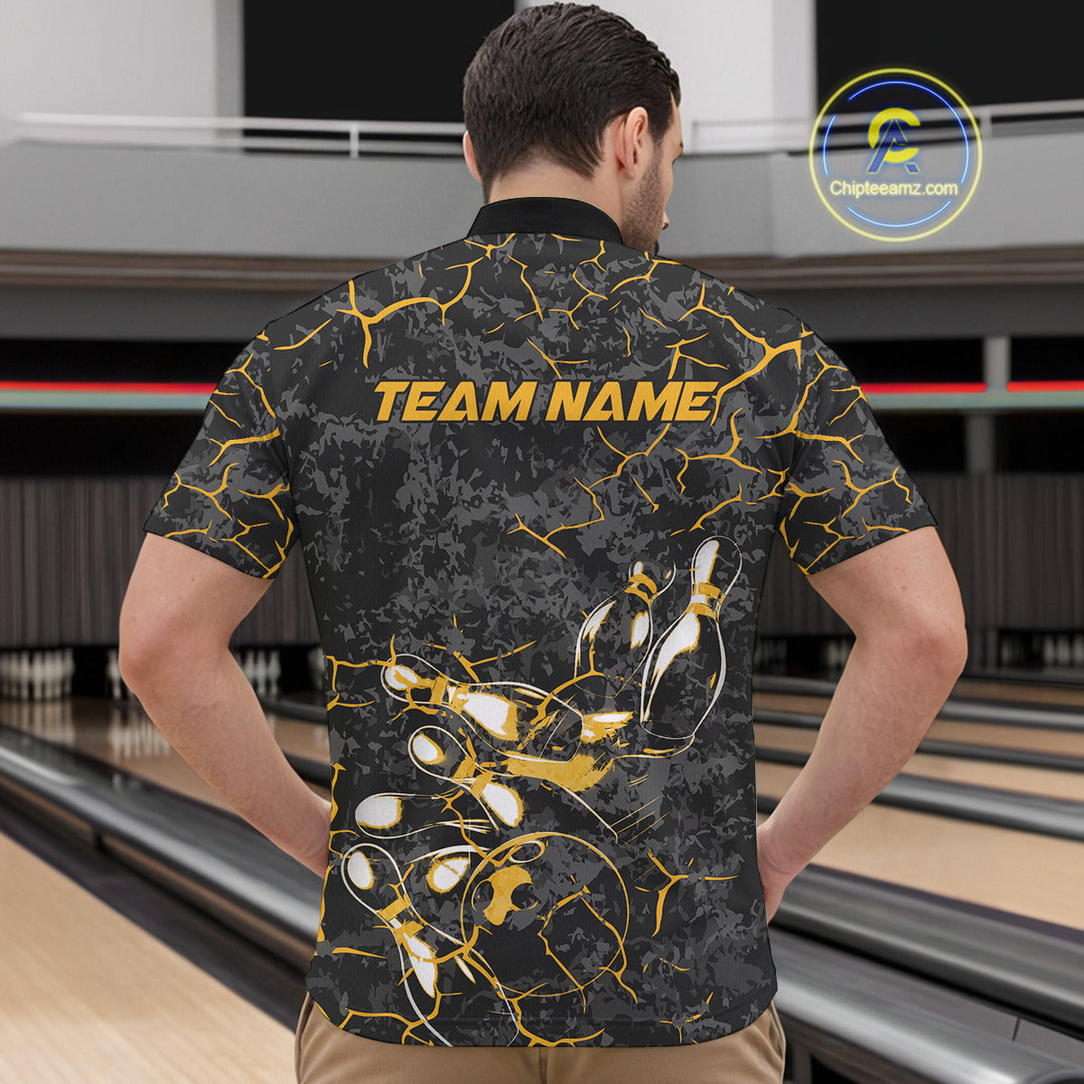 Custom Black And Yellow Camo Bowling Team Quarter-Zip Shirts For Men, Bowling League Shirt IPHW9371