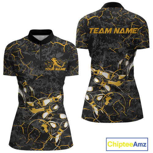 Custom Black And Yellow Camo Bowling Team Women Quarter-Zip Shirts, Bowling League Shirt IPHW9371