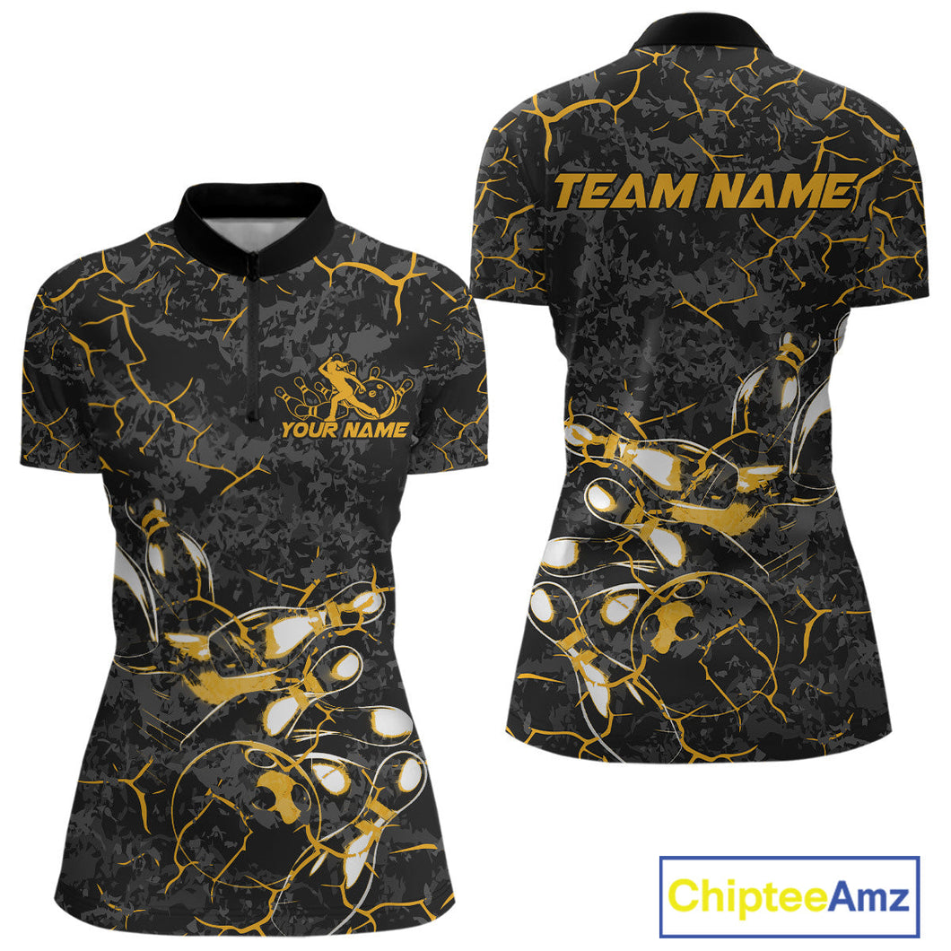 Custom Black And Yellow Camo Bowling Team Women Quarter-Zip Shirts, Bowling League Shirt IPHW9371