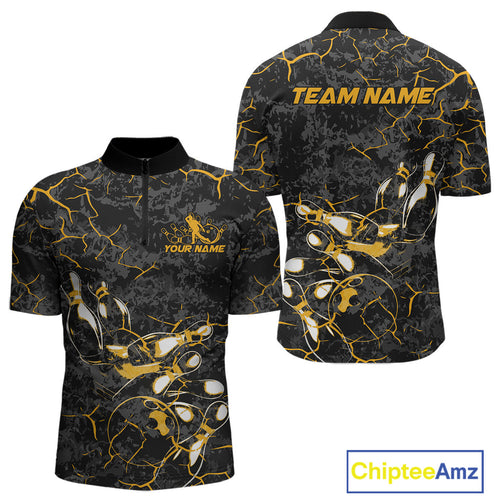 Custom Black And Yellow Camo Bowling Team Quarter-Zip Shirts For Men, Bowling League Shirt IPHW9371