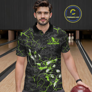 Custom Black And Green Camo Bowling Team Polo Shirts For Men, Bowling League Shirt IPHW9372