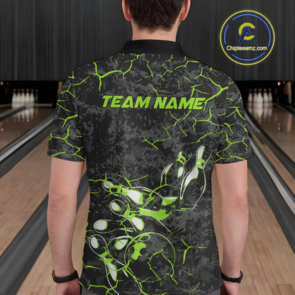 Custom Black And Green Camo Bowling Team Polo Shirts For Men, Bowling League Shirt IPHW9372