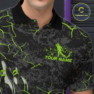 Custom Black And Green Camo Bowling Team Polo Shirts For Men, Bowling League Shirt IPHW9372