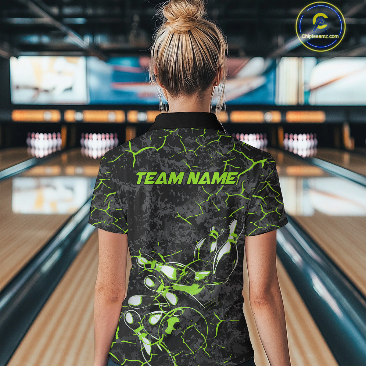Custom Black And Green Camo Bowling Team Polo Shirts For Women, Bowling League Shirt IPHW9372