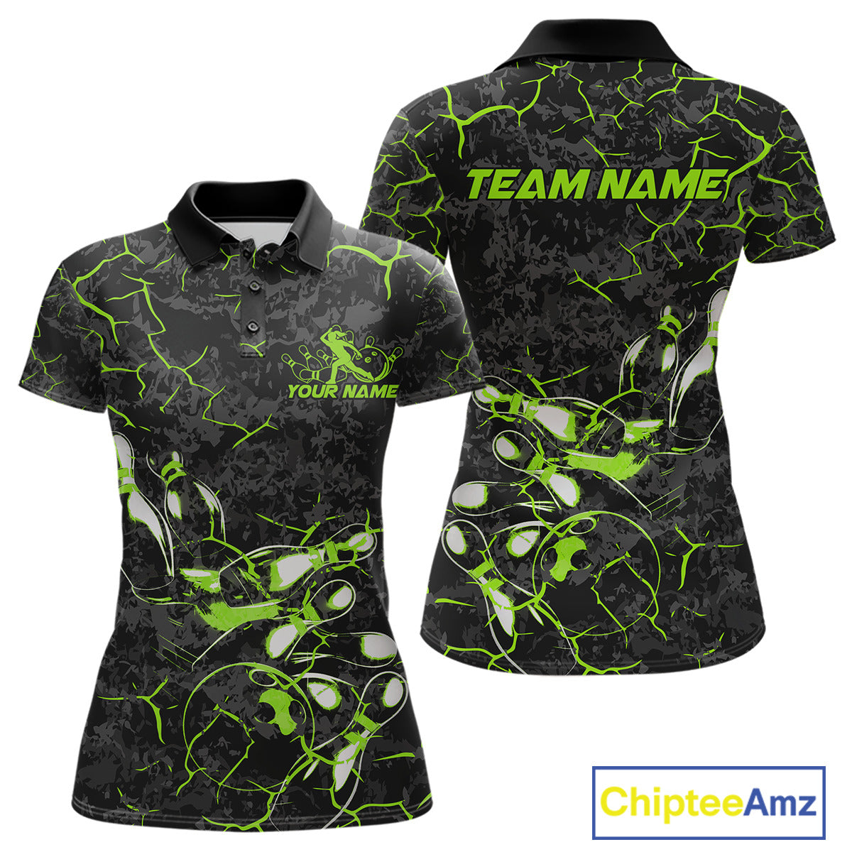 Custom Black And Green Camo Bowling Team Polo Shirts For Women, Bowling League Shirt IPHW9372