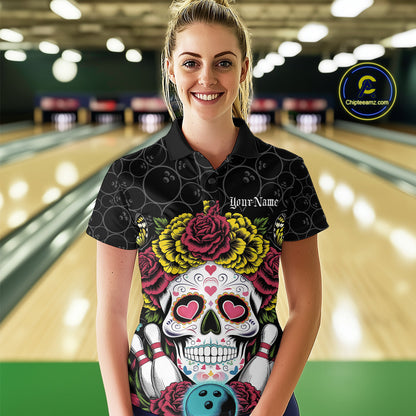 Custom Flower Sugar Skull Bowling Team Polo Shirts For Women, Halloween Bowler Outfit IPHW9750