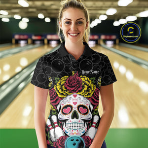 Custom Flower Sugar Skull Bowling Team Polo Shirts For Women, Halloween Bowler Outfit IPHW9750