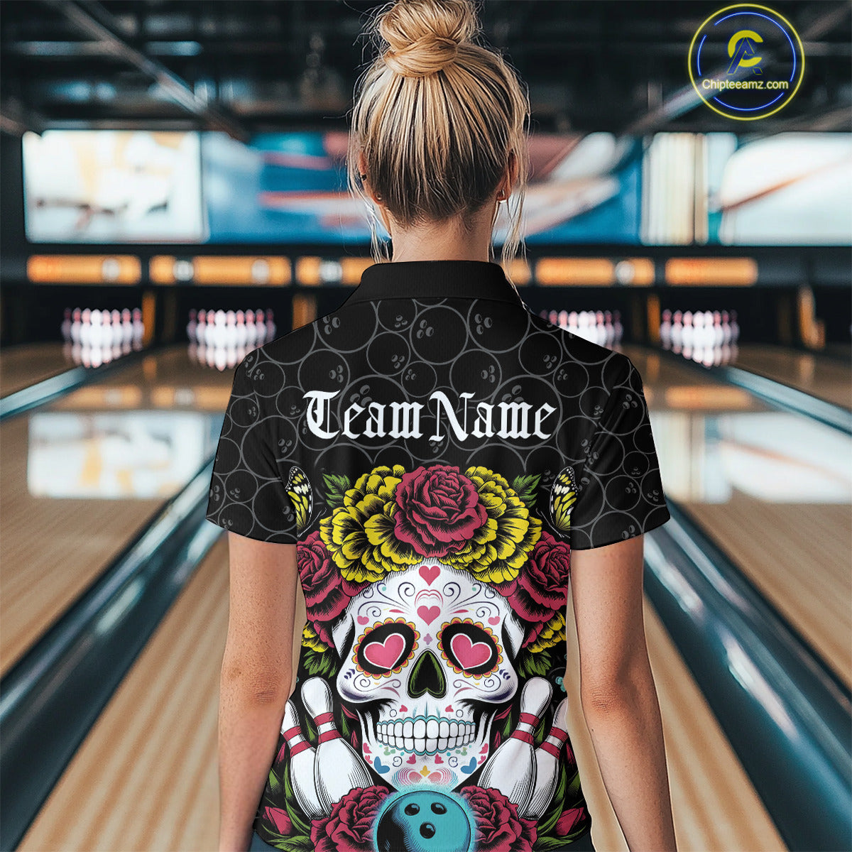 Custom Flower Sugar Skull Bowling Team Polo Shirts For Women, Halloween Bowler Outfit IPHW9750