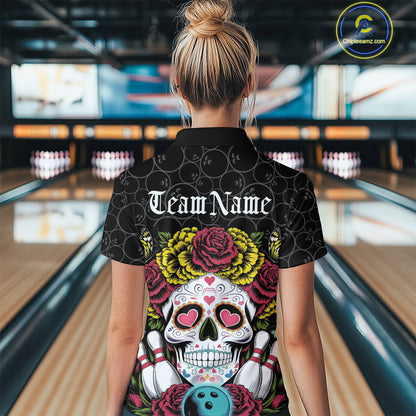 Custom Flower Sugar Skull Bowling Team Polo Shirts For Women, Halloween Bowler Outfit IPHW9750