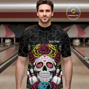 Custom Flower Sugar Skull Bowling Team Quarter-Zip Shirts For Men, Halloween Bowler Outfit IPHW9750