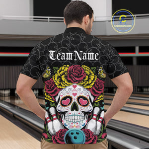 Custom Flower Sugar Skull Bowling Team Quarter-Zip Shirts For Men, Halloween Bowler Outfit IPHW9750