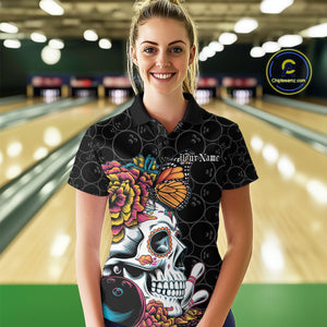Custom Colorful Sugar Skull Bowling Team Polo Shirts For Women, Halloween Bowler Outfit IPHW9751