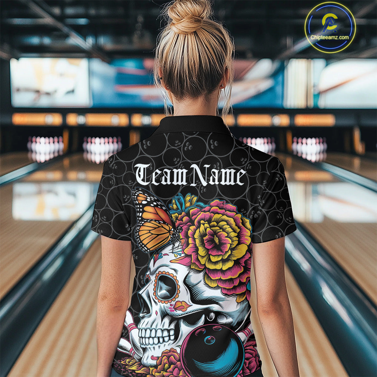 Custom Colorful Sugar Skull Bowling Team Polo Shirts For Women, Halloween Bowler Outfit IPHW9751