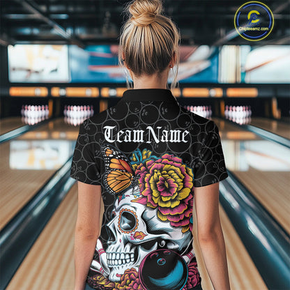 Custom Colorful Sugar Skull Bowling Team Polo Shirts For Women, Halloween Bowler Outfit IPHW9751