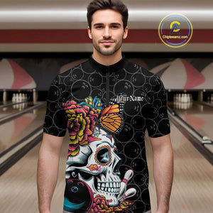 Custom Colorful Sugar Skull Bowling Team Quarter-Zip Shirts For Men, Halloween Bowler Outfit IPHW9751
