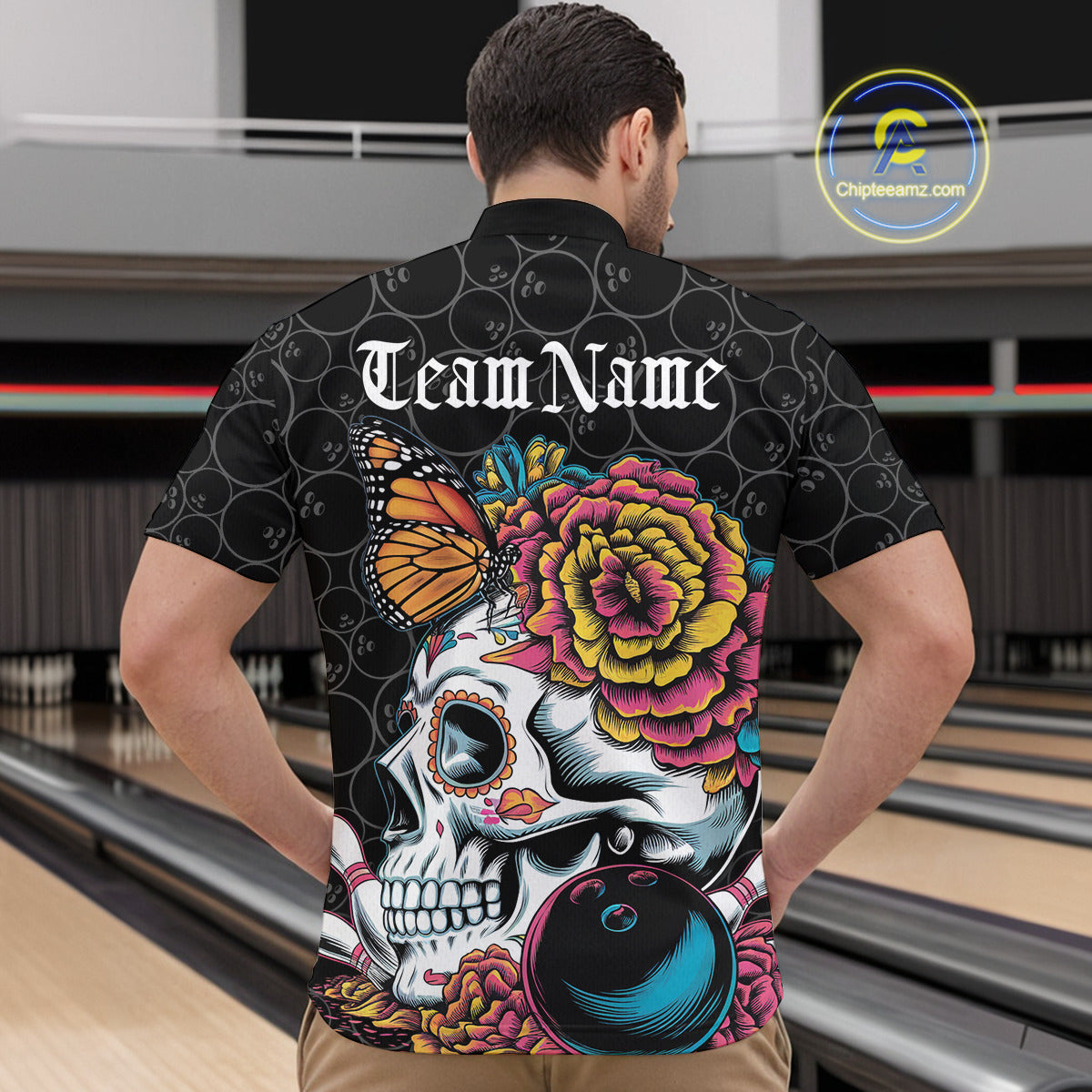Custom Colorful Sugar Skull Bowling Team Quarter-Zip Shirts For Men, Halloween Bowler Outfit IPHW9751