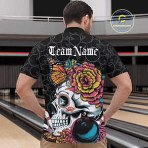 Custom Colorful Sugar Skull Bowling Team Quarter-Zip Shirts For Men, Halloween Bowler Outfit IPHW9751