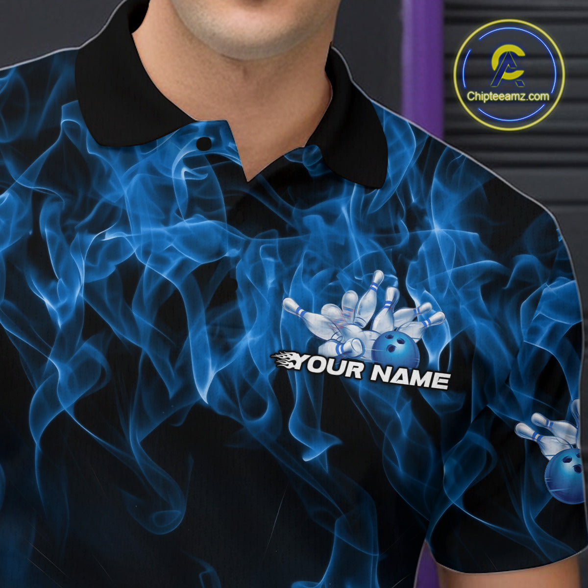 Custom Black And Blue Flame Bowling Team Men Polo Shirts, Bowling Tournament Shirt IPHW9754