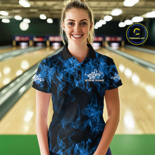 Load image into Gallery viewer, Custom Black And Blue Flame Bowling Team Women Polo Shirts, Bowling Tournament Shirt IPHW9754