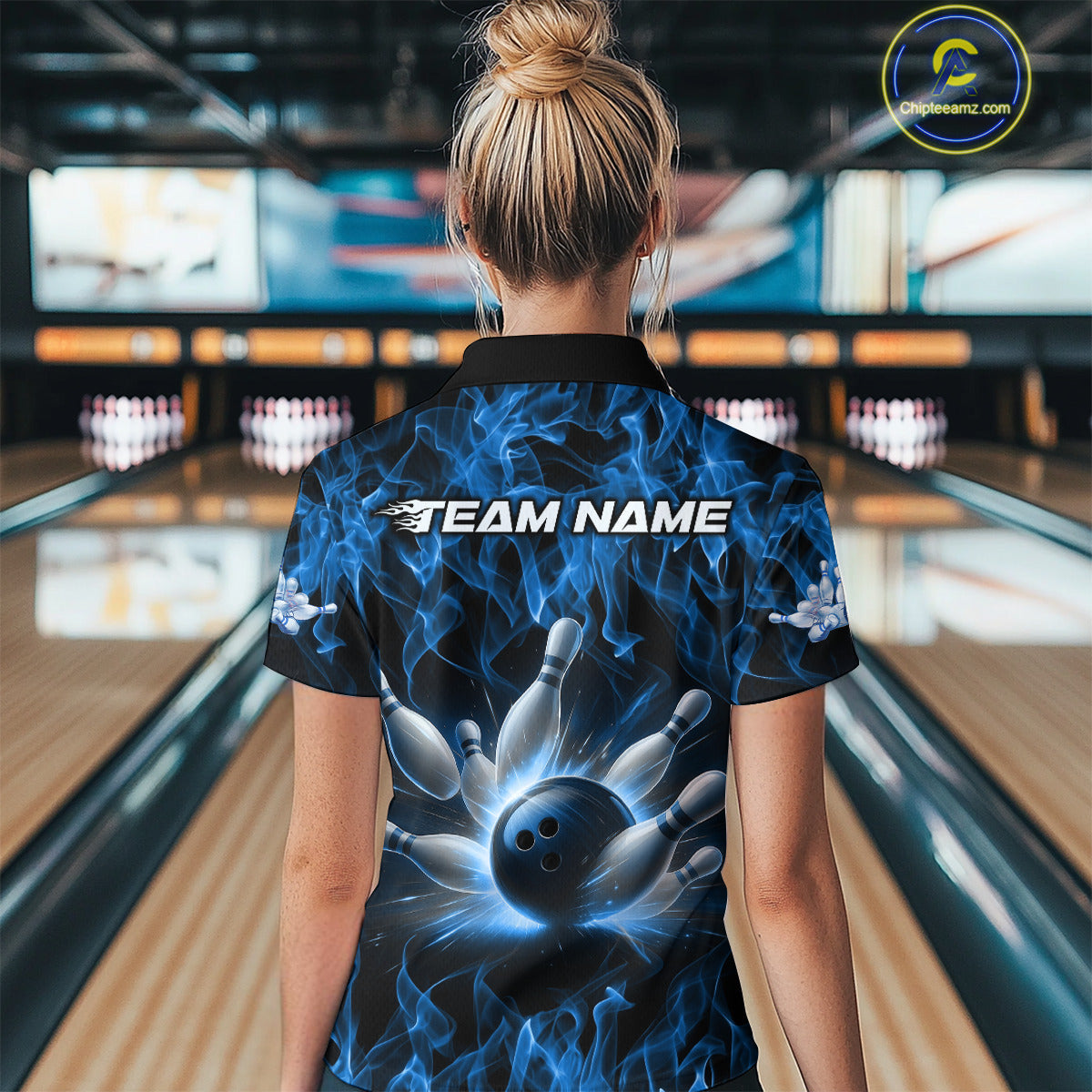 Custom Black And Blue Flame Bowling Team Women Polo Shirts, Bowling Tournament Shirt IPHW9754