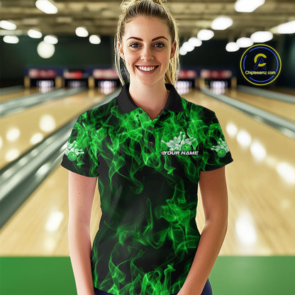 Custom Black And Green Flame Bowling Team Women Polo Shirts, Bowling Tournament Shirt IPHW9755