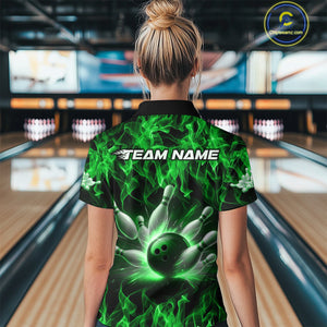 Custom Black And Green Flame Bowling Team Women Polo Shirts, Bowling Tournament Shirt IPHW9755