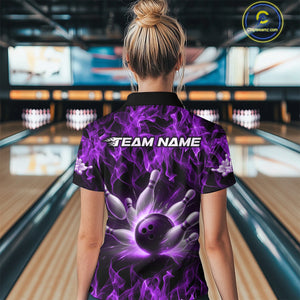 Custom Black And Purple Flame Bowling Team Women Polo Shirts, Bowling Tournament Shirt IPHW9756
