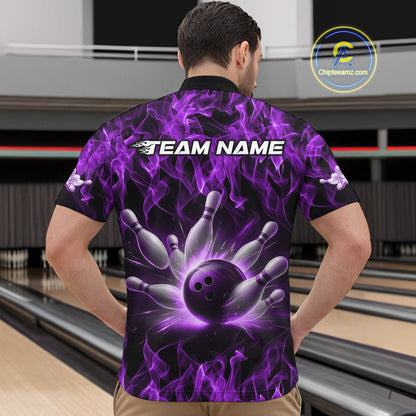 Custom Black And Purple Flame Bowling Team Men Quarter-Zip Shirts, Bowling Tournament Shirt IPHW9756