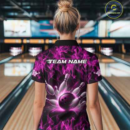 Custom Black And Pink Flame Bowling Women Quarter-Zip Shirts, Bowling Tournament Shirt IPHW9757