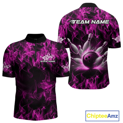 Custom Black And Pink Flame Bowling Team Men Quarter-Zip Shirts, Bowling Tournament Shirt IPHW9757