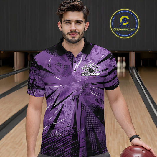 Custom Black And Purple Camouflage Bowling Team Polo Shirts For Men, Bowling League Shirt IPHW9383