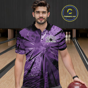 Custom Black And Purple Camouflage Bowling Team Polo Shirts For Men, Bowling League Shirt IPHW9383