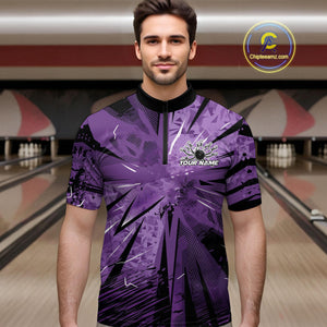Custom Black And Purple Camouflage Bowling Team Quarter-Zip Shirts For Men, Bowling League Shirt IPHW9383