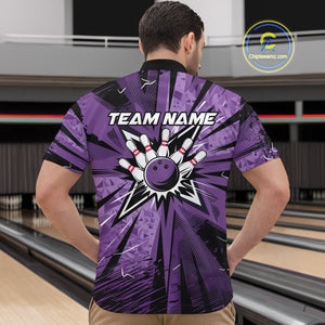 Custom Black And Purple Camouflage Bowling Team Quarter-Zip Shirts For Men, Bowling League Shirt IPHW9383