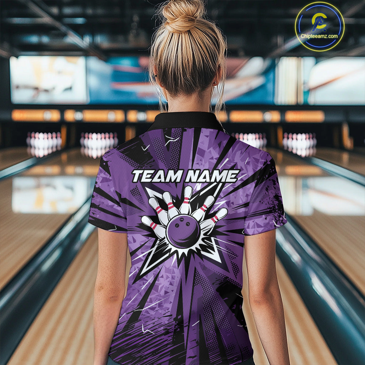 Custom Black And Purple Camo Bowling Team Women Quarter-Zip Shirts, Bowling League Shirt IPHW9383
