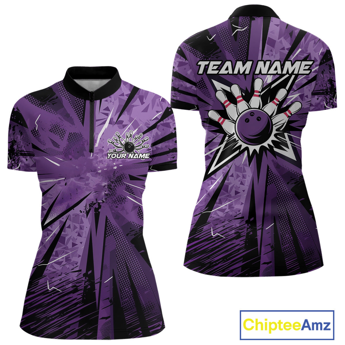 Custom Black And Purple Camo Bowling Team Women Quarter-Zip Shirts, Bowling League Shirt IPHW9383