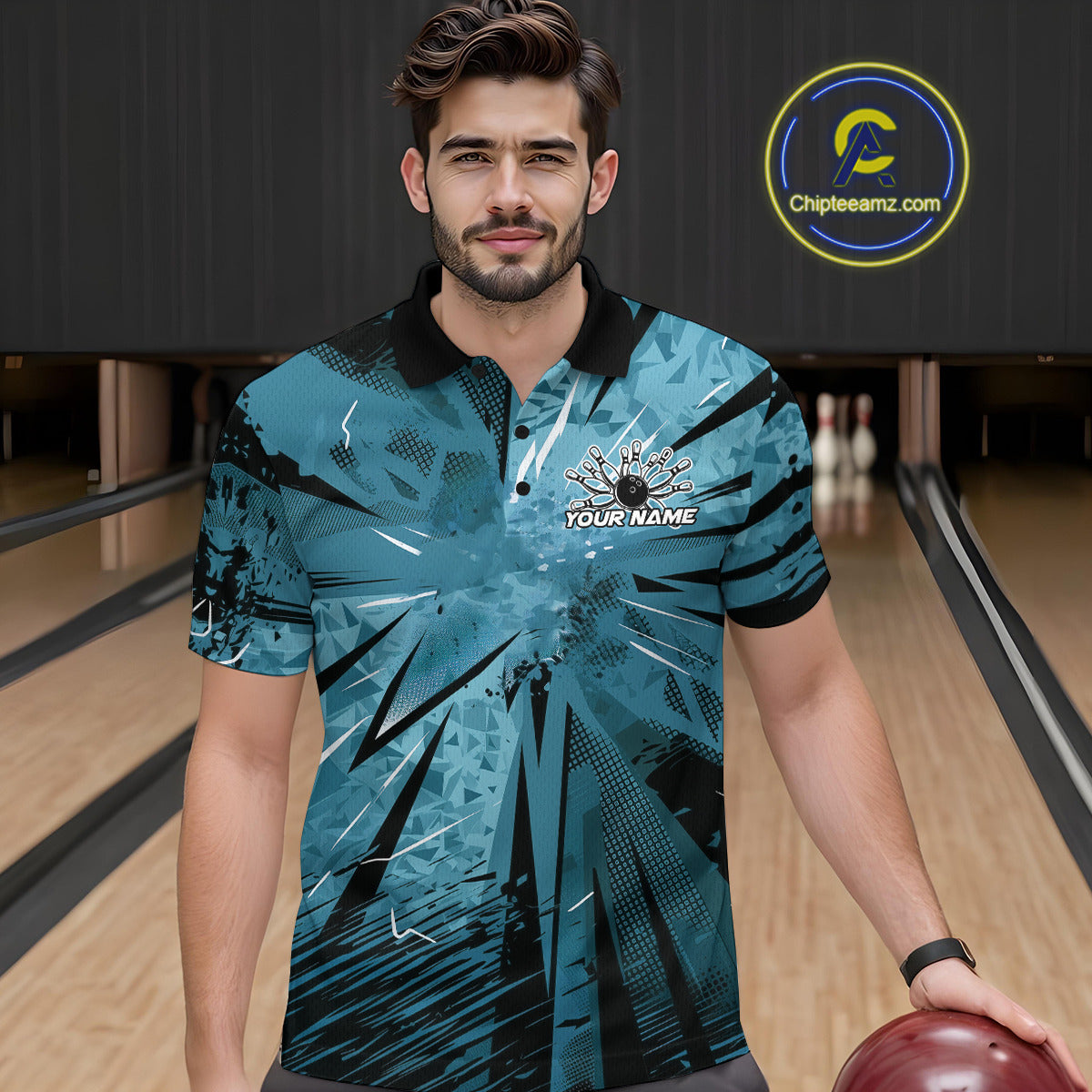 Custom Blue Camouflage Bowling Team Polo Shirts For Men, Bowling League Shirt IPHW9385