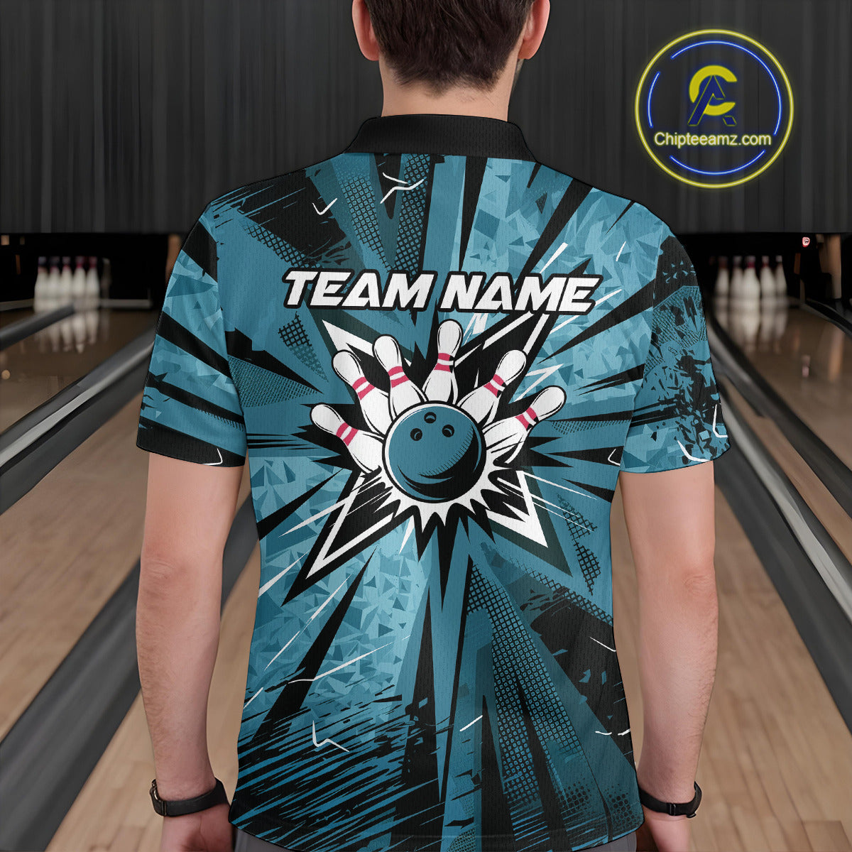 Custom Blue Camouflage Bowling Team Polo Shirts For Men, Bowling League Shirt IPHW9385