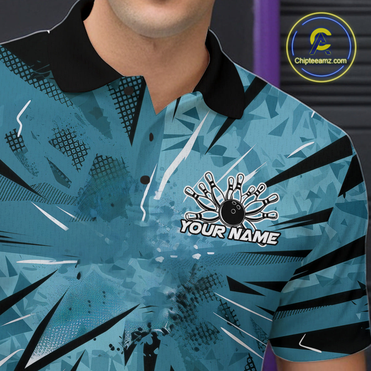 Custom Blue Camouflage Bowling Team Polo Shirts For Men, Bowling League Shirt IPHW9385