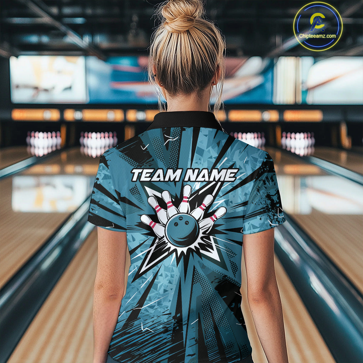 Custom Blue Camouflage Bowling Team Polo Shirts For Women, Bowling League Shirt IPHW9385