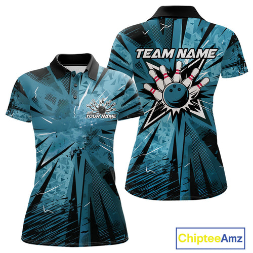 Custom Blue Camouflage Bowling Team Polo Shirts For Women, Bowling League Shirt IPHW9385